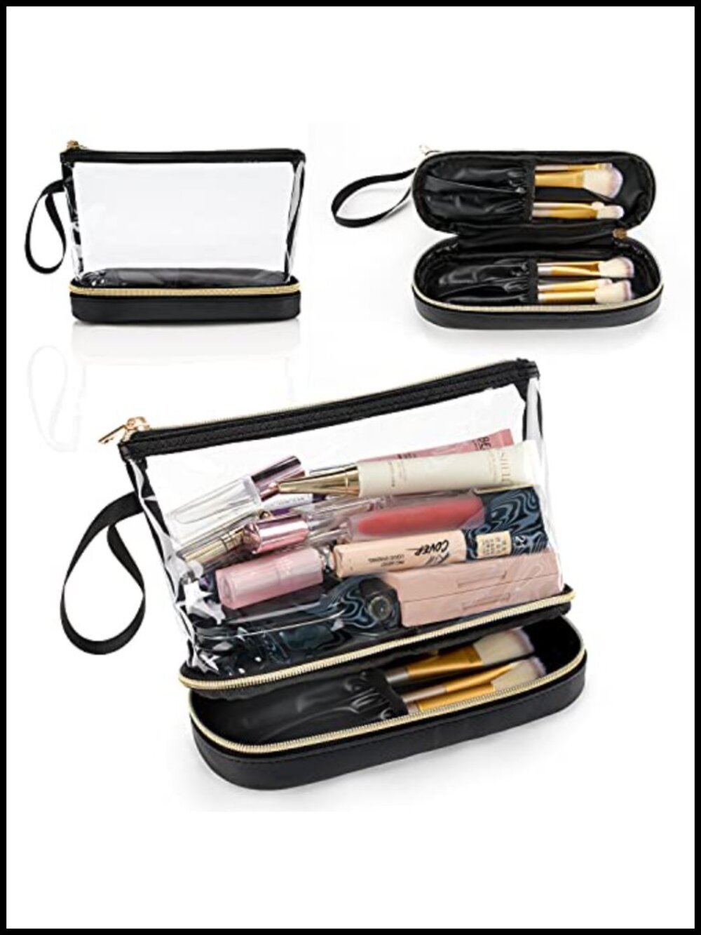 Double Layer Clear Makeup Bag Brush Compartment Travel TSA Toiletry